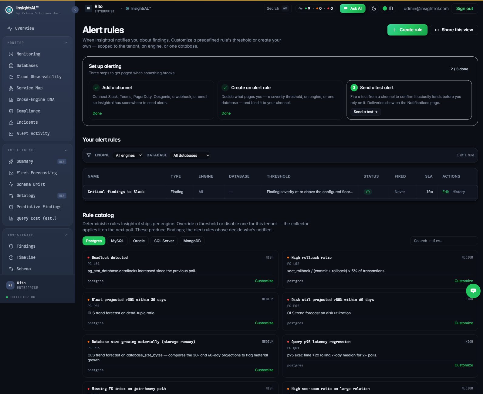 The Alert rules view with a configured Slack channel, a live alert rule, and the per-engine rule catalog
