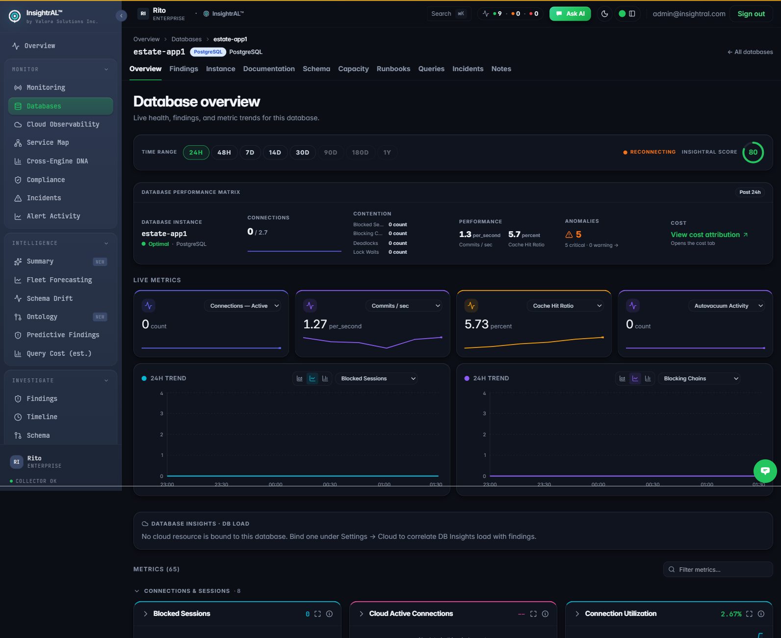 A single database overview with live metric panels, health score, performance matrix and 24h trends