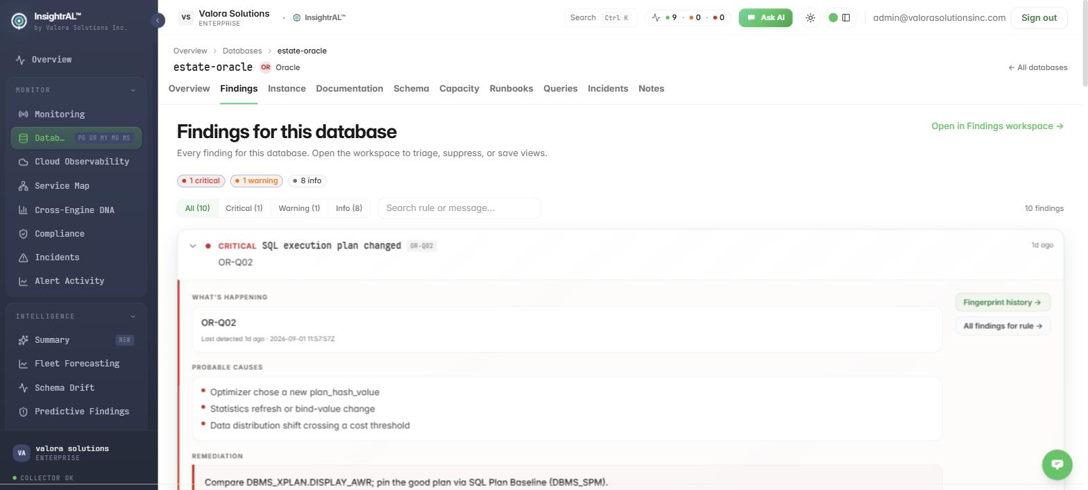 A finding detail view showing severity, evidence, affected object and the recommended fix