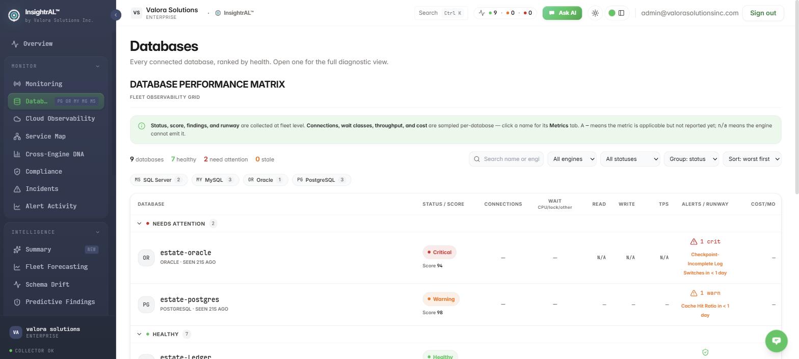 The insightral fleet view listing every monitored database with health and open findings